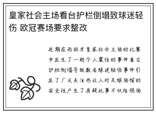 皇家社会主场看台护栏倒塌致球迷轻伤 欧冠赛场要求整改